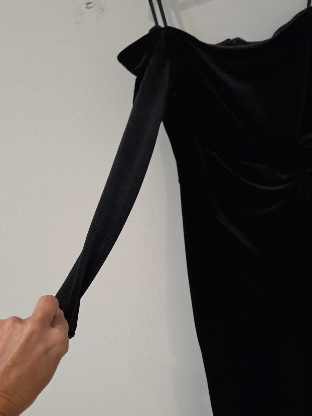 Xscape Black Velvet Off-Shoulder Maxi Dress Faux Wrap With Long Slit NEW Size 14
